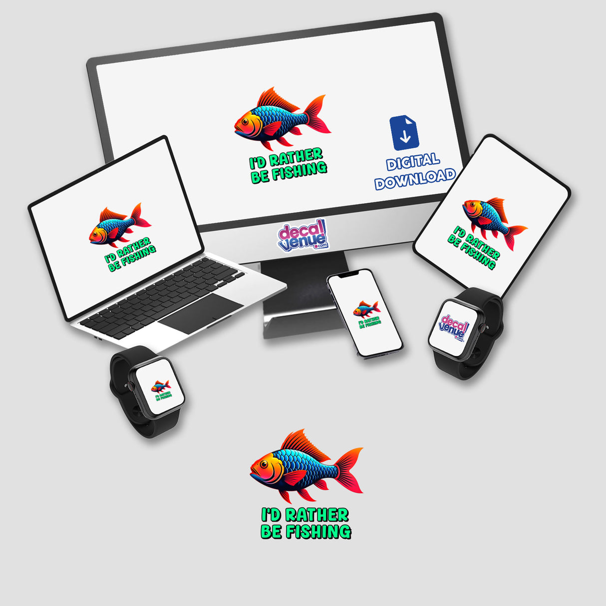 I'd Rather Be Fishing design displayed on a laptop and monitor, featuring a colorful fish graphic, available as stickers or digital artwork from Decal Venue.