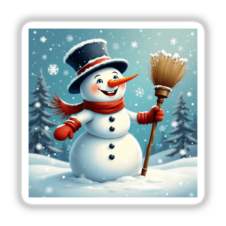 Snowman Envelope Seal Stickers – Frosty and Fun Holiday Stationery: A cartoon snowman with a hat, scarf, and broom, perfect for festive stationery or digital art.