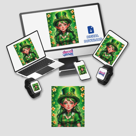 A Cute St. Patrick's Day Girl cartoon displayed on a computer monitor and laptop screen, available as stickers or digital artwork from Decal Venue.