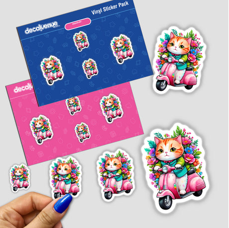 Stickers or digital artwork featuring a cat cruising on a vintage pink scooter with floral accents.