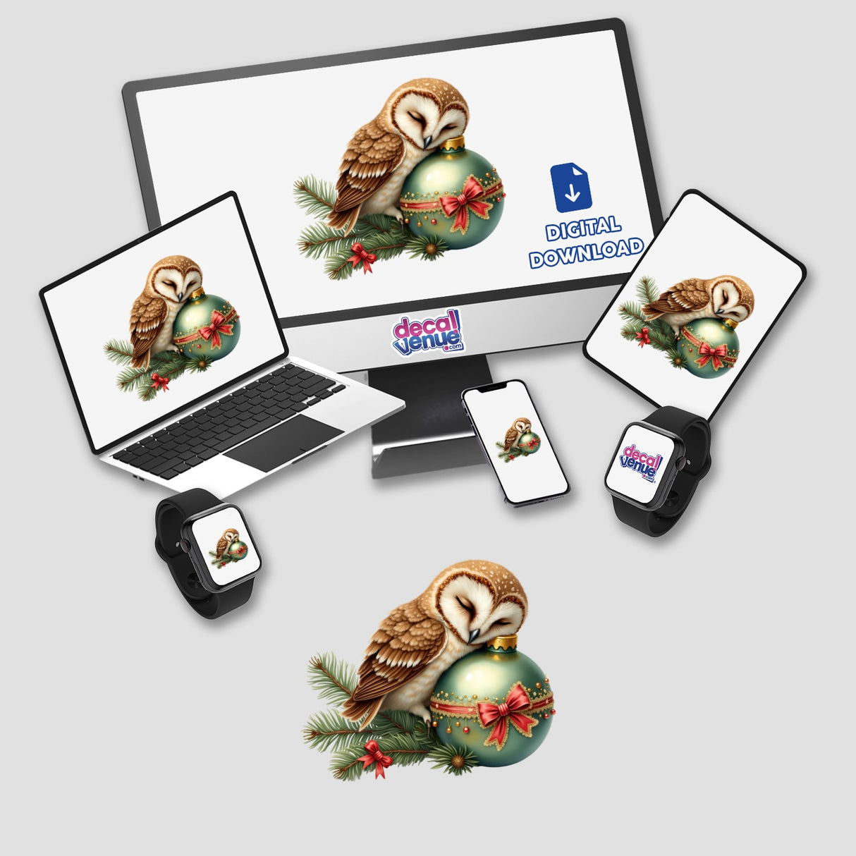 Owl Sleeping on Christmas Ornament displayed on a computer monitor and laptop screen, available as stickers or digital artwork.