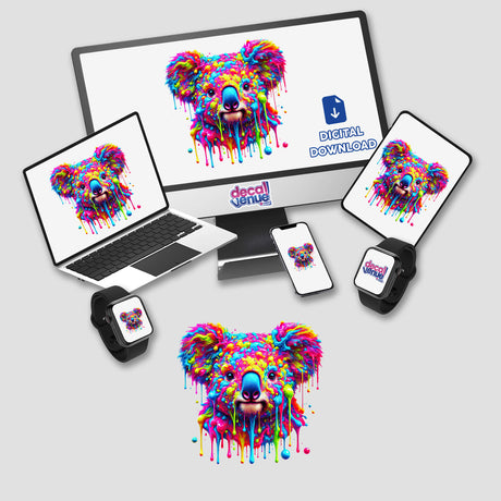 Psychedelic Neon Drip Koala displayed on a computer monitor and laptop screen, showcasing a vibrant, colorful depiction of an Australian animal. Available as stickers or digital artwork from Decal Venue.