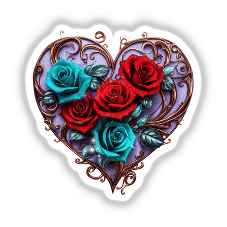 Bronze Heart with Red and Teal Roses on Lavender Background, featuring detailed floral designs, available as stickers or digital artwork from Decal Venue. Perfect for unique and artistic decor.