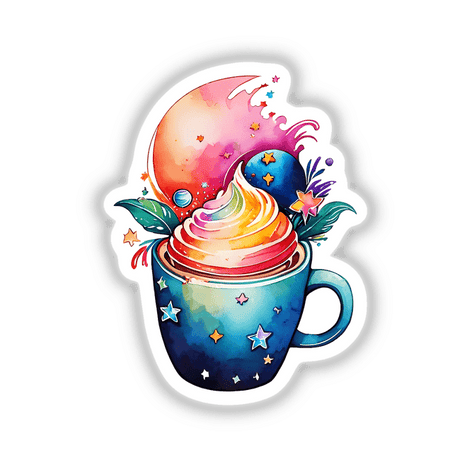 Adorable Stars and Planets in a Coffee Cup: Illustration featuring a coffee cup filled with a swirl of whipped cream, colorful stars, and planets, available as stickers or digital artwork.