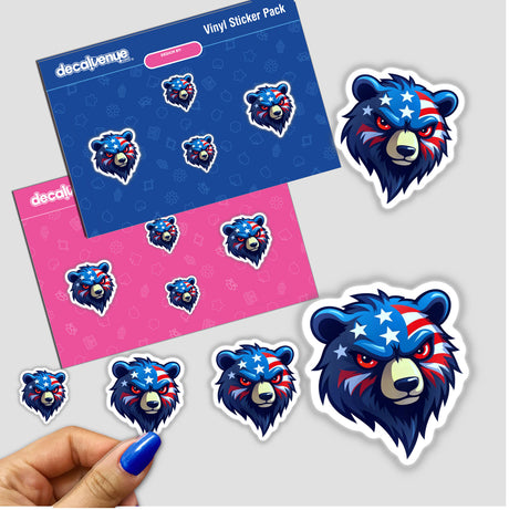 Sticker featuring A Cool American Flag Bear with stars and stripes, showcasing a cartoon bear design. Available as stickers or digital artwork from Decal Venue.