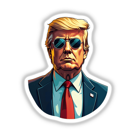 Cartoon illustration of President Donald Trump wearing sunglasses and a suit, available as stickers or digital artwork from Decal Venue.