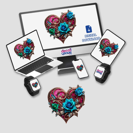 Heart-Shaped Ornament with Copper Swirls, featuring vibrant blue and green roses and glitter accents, displayed on various screens including a laptop and smartwatch, available as stickers or digital artwork.