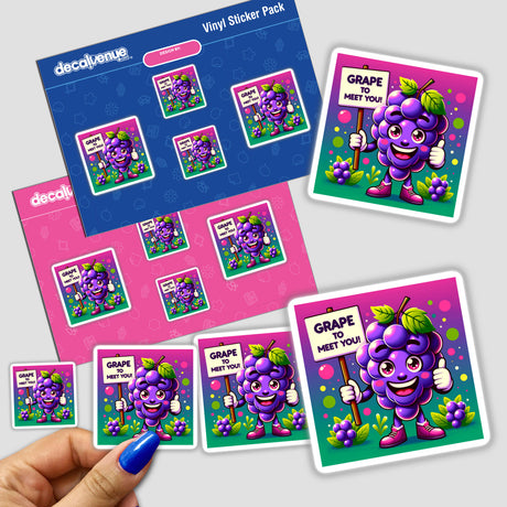 Grape To Meet You stickers featuring whimsical cartoon grape characters holding signs, perfect for adding a playful touch to your collection. Available as stickers or digital artwork.