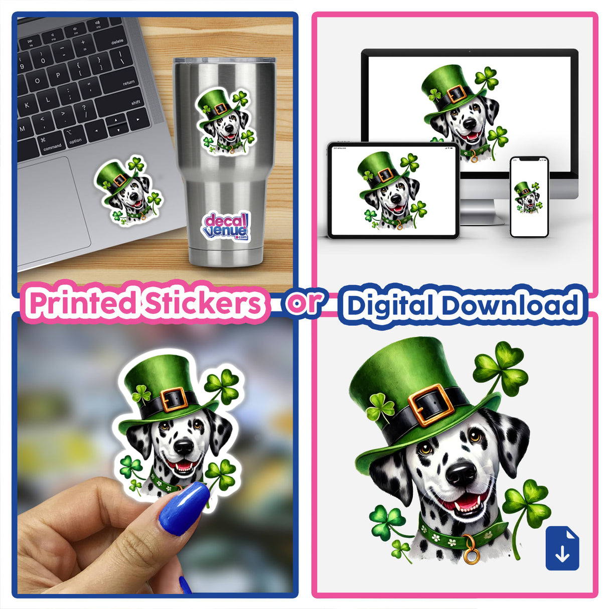 St Patricks Day Leprechaun Dalmatian Dog sticker or digital artwork featuring a Dalmatian wearing a hat and clovers, perfect for adding a festive touch to laptops or cups.