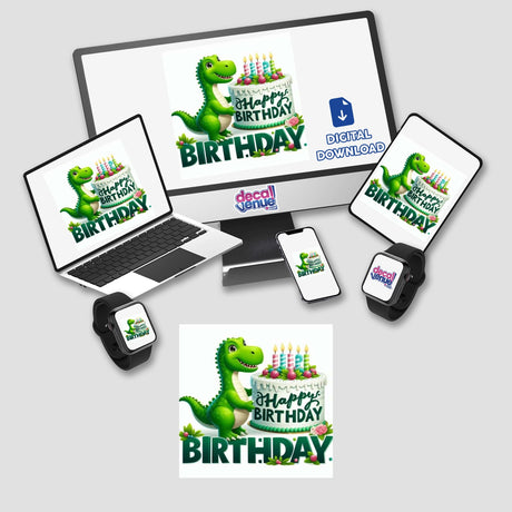 Silver Birthday Series stickers or digital artwork featuring a cartoon dinosaur holding a cake, displayed on various devices including a laptop, tablet, and phone screen.