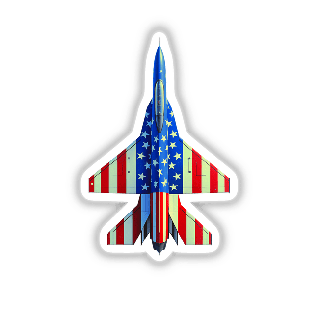 A Cool American Flag Fighter Jet artwork featuring stars and stripes, available as stickers or digital art, showcasing unique patriotic design from Decal Venue.