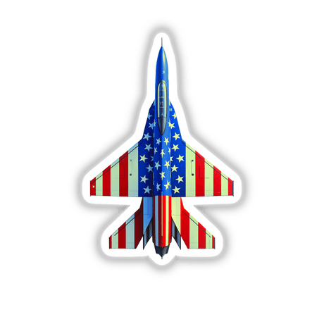 A Cool American Flag Fighter Jet artwork featuring stars and stripes, available as stickers or digital art, showcasing unique patriotic design from Decal Venue.