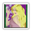 Transend illustration featuring a woman with long blonde hair holding a small bird, available as unique stickers or digital art from Decal Venue.