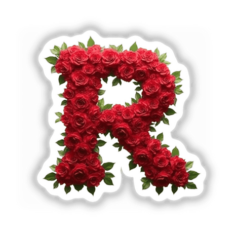 Elegant Floral Letter R Clipart - Downloadable Sticker featuring a letter R intricately crafted from roses and leaves, perfect for Valentine's Day or floral design projects.