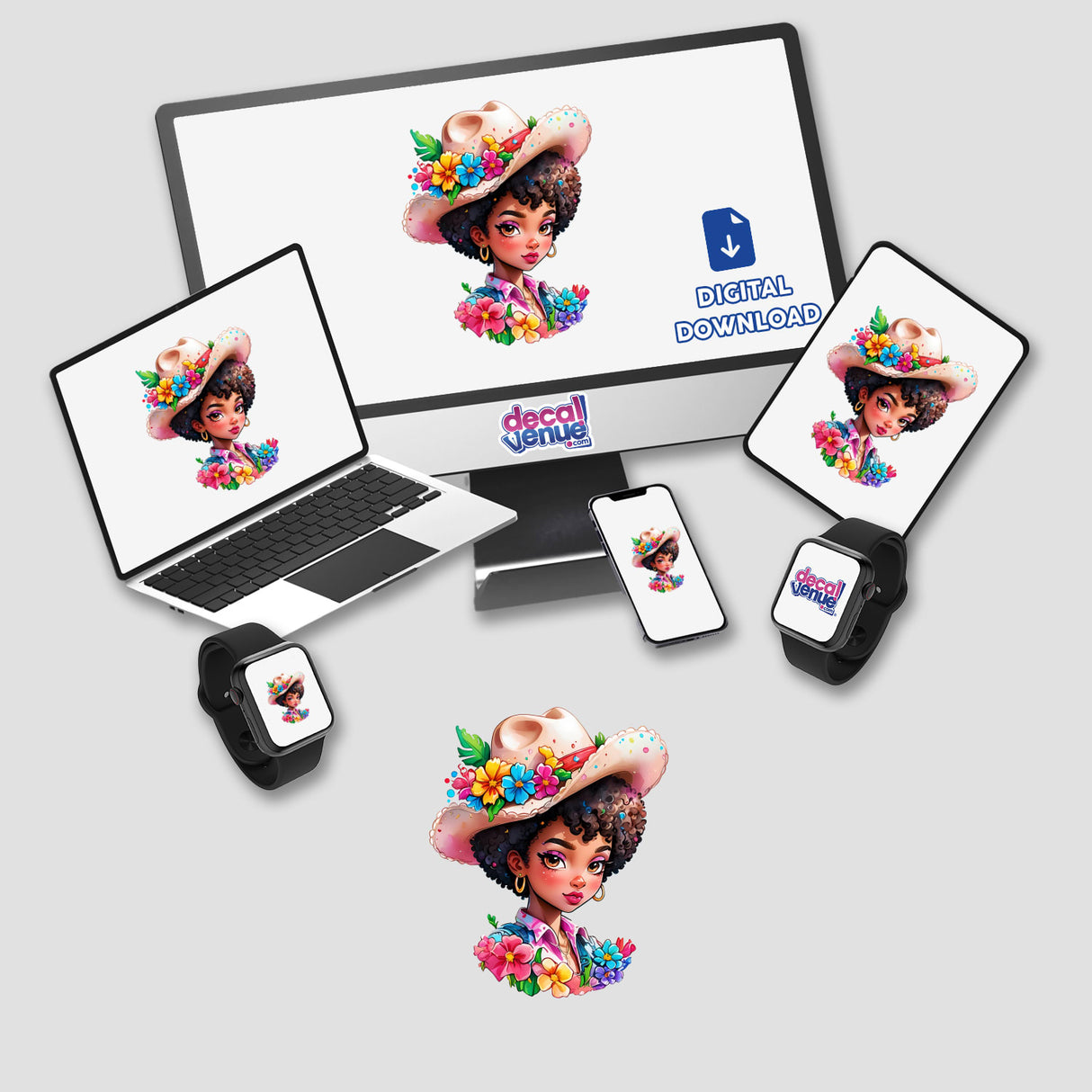 Adorable Afro Cowgirl Sticker featuring a stylish kawaii Western-inspired design displayed on a computer monitor, laptop, tablet, and smartwatch, showcasing a cartoon woman in a hat with flowers.