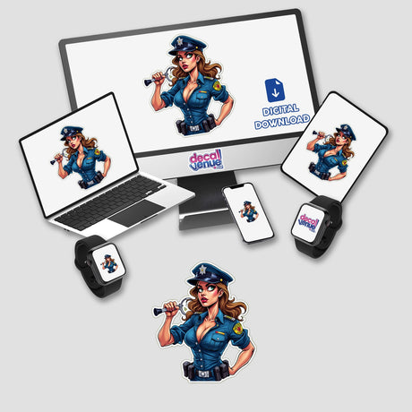 Eu Sou a Lei sticker or digital artwork featuring a cartoon policewoman displayed on a laptop and a phone screen.