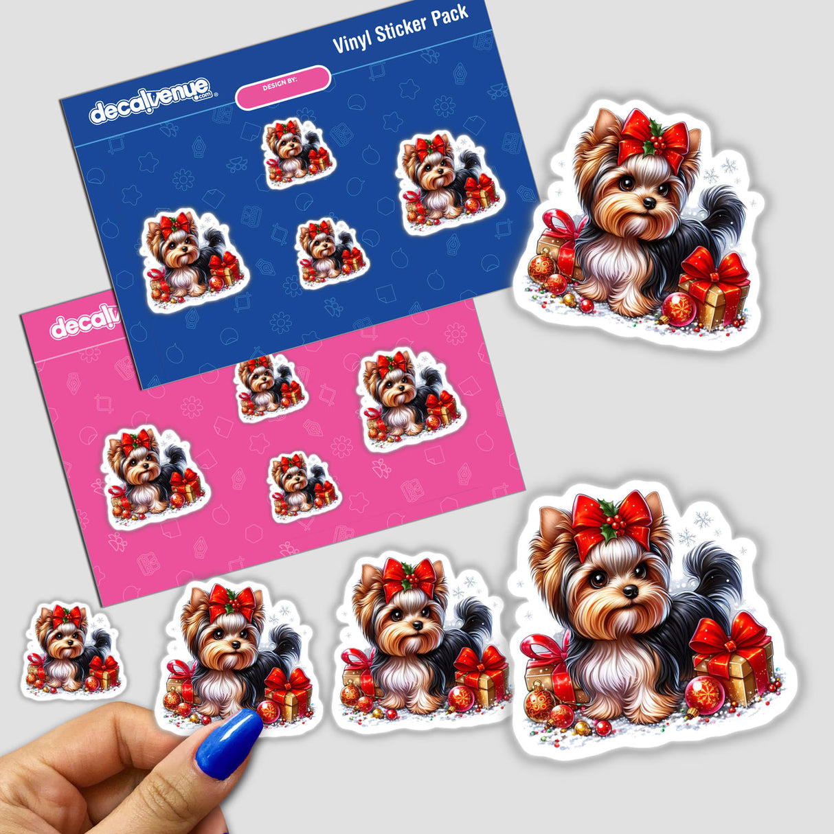 Christmas Yorkie Dog II sticker pack featuring a cartoon dog with a bow, surrounded by presents, ideal for festive decoration or digital artwork from Decal Venue.