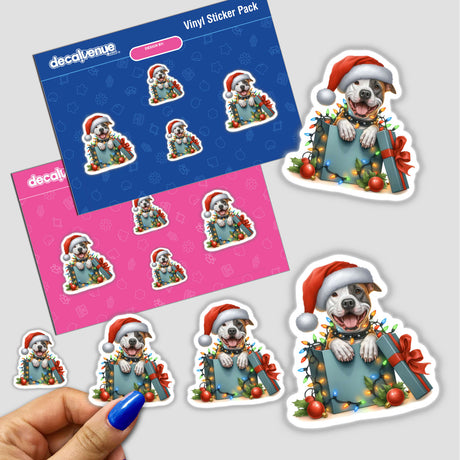 Santa Eye Patch Pitbull Dog in a Christmas Box sticker, featuring a cartoon dog wearing a Santa hat surrounded by Christmas lights, available from Decal Venue as a sticker or digital artwork.