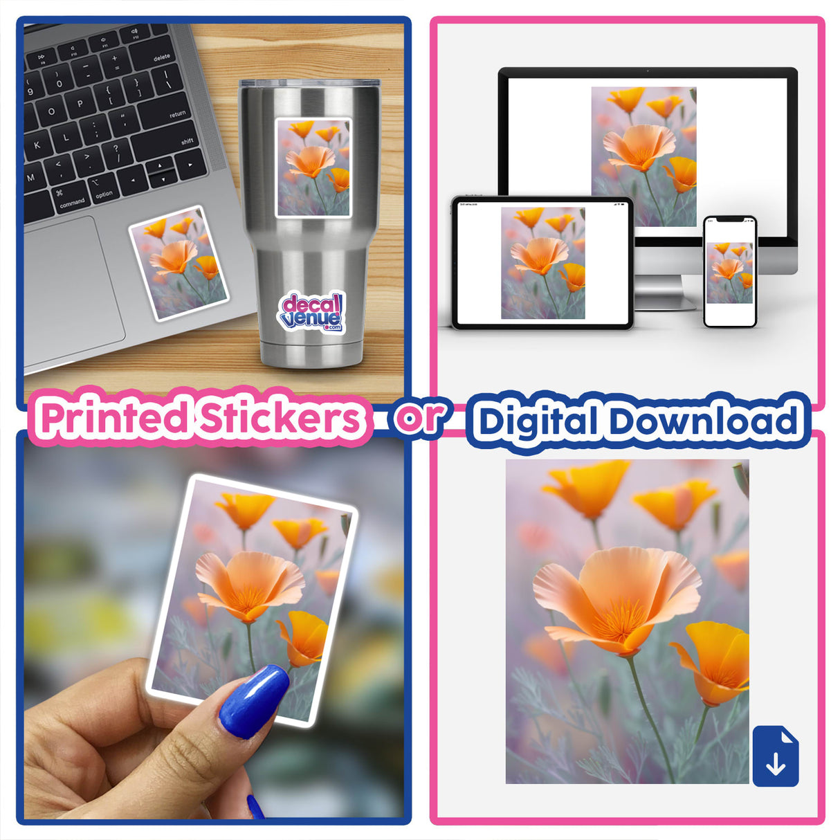 Soft Peach and Orange California Poppies in Bloom digital artwork on a laptop screen, surrounded by floral elements, available as stickers or digital art, reflecting Decal Venue's unique artistic style.