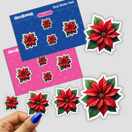 Hand holding Poinsettia Flower Envelope Seal Stickers, showcasing elegant holiday stationery with vibrant red flowers and green leaves. Available as stickers or digital artwork from Decal Venue.