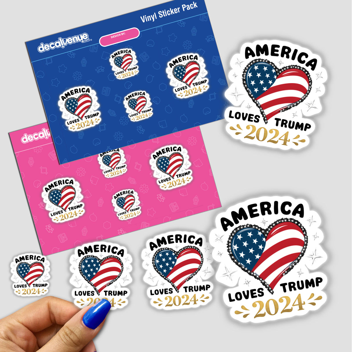 Colorful sticker pack featuring patriotic designs with the American flag and the text "America Loves Trump 2024". The stickers are displayed on a pink and blue background, and appear to be part of a digital artwork product sold by the Decal Venue store.