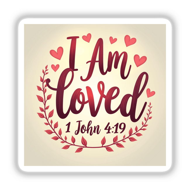 Christian faith-based sticker or clipart titled I Am Loved - 1 John 4:19, featuring red and black calligraphy with heart motifs, available as stickers or digital artwork from Decal Venue.