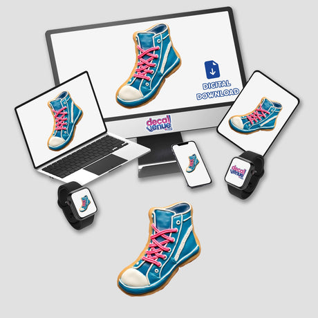 Shoe Shaped Cookie with Pink Laces and Blue Trim displayed on a computer monitor and laptop screen.