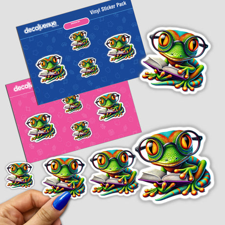 Gecko With Reading Glasses Open Book sticker, featuring a cartoon lizard wearing glasses and reading. Available as a sticker or digital artwork from Decal Venue, specializing in unique designs.