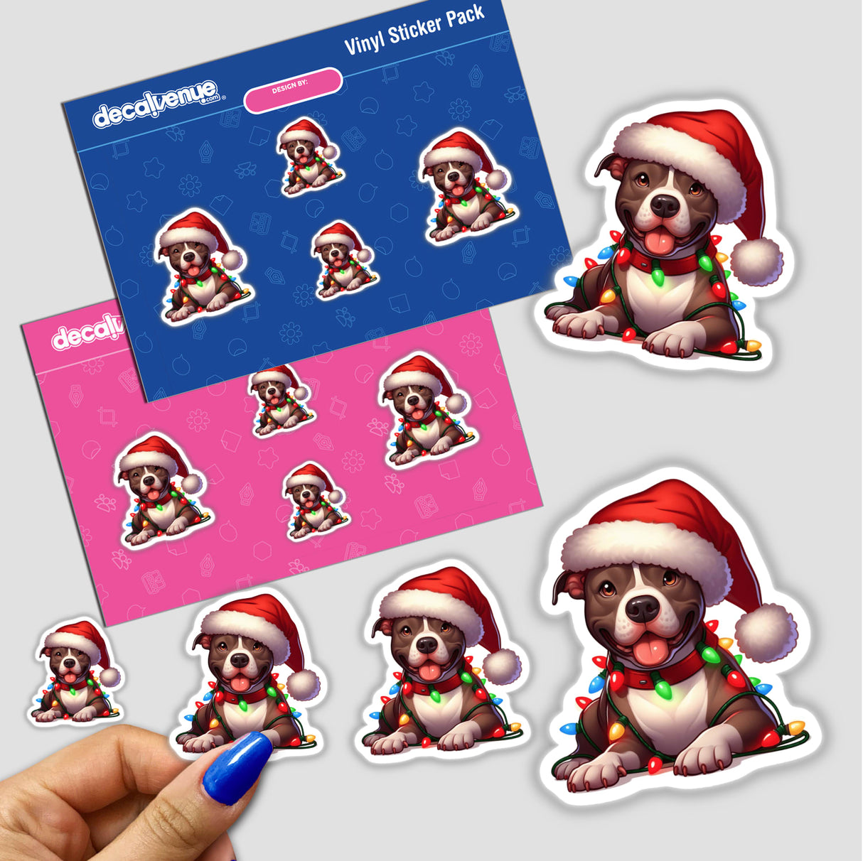 Happy Christmas Santa Pitbull Dog Tangled Lights sticker, featuring adorable dogs wearing Santa hats and wrapped in Christmas lights, available as stickers or digital artwork from Decal Venue.