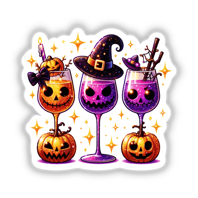 Halloween Wine Glasses stickers or digital artwork featuring cartoon-style wine glasses with pumpkin and hat designs, perfect for festive decorations or art projects.