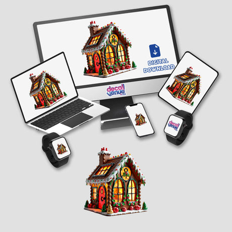 Gingerbread House Stained Glass Style displayed on a computer and laptop screen, available as stickers or digital artwork, reflecting Decal Venue's unique design offerings.