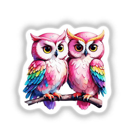 Lovebirds: Cute Pink Owl Couple in Love sitting on a branch, available as Stickers or Digital Artwork.