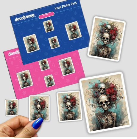 Beautiful Bones stickers featuring intricate designs of skulls and roses, capturing a blend of macabre and elegance. Available as both physical stickers and digital artwork.