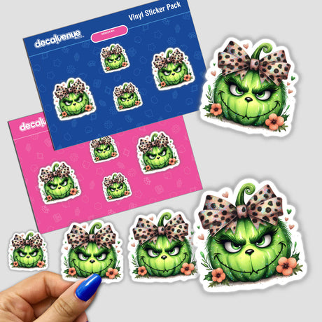 Leopard Bow Green Glittery Grouch Pumpkin Face stickers, featuring cartoon pumpkins with bows and envelopes, ideal for unique sticker collections or digital artwork enthusiasts.