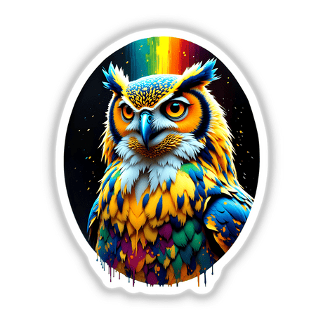 A Cool And Colorful Owl depicted in striking rainbow hues, available as stickers or digital artwork, showcasing intricate feather details and captivating eyes, representing Decal Venue's unique design collection.