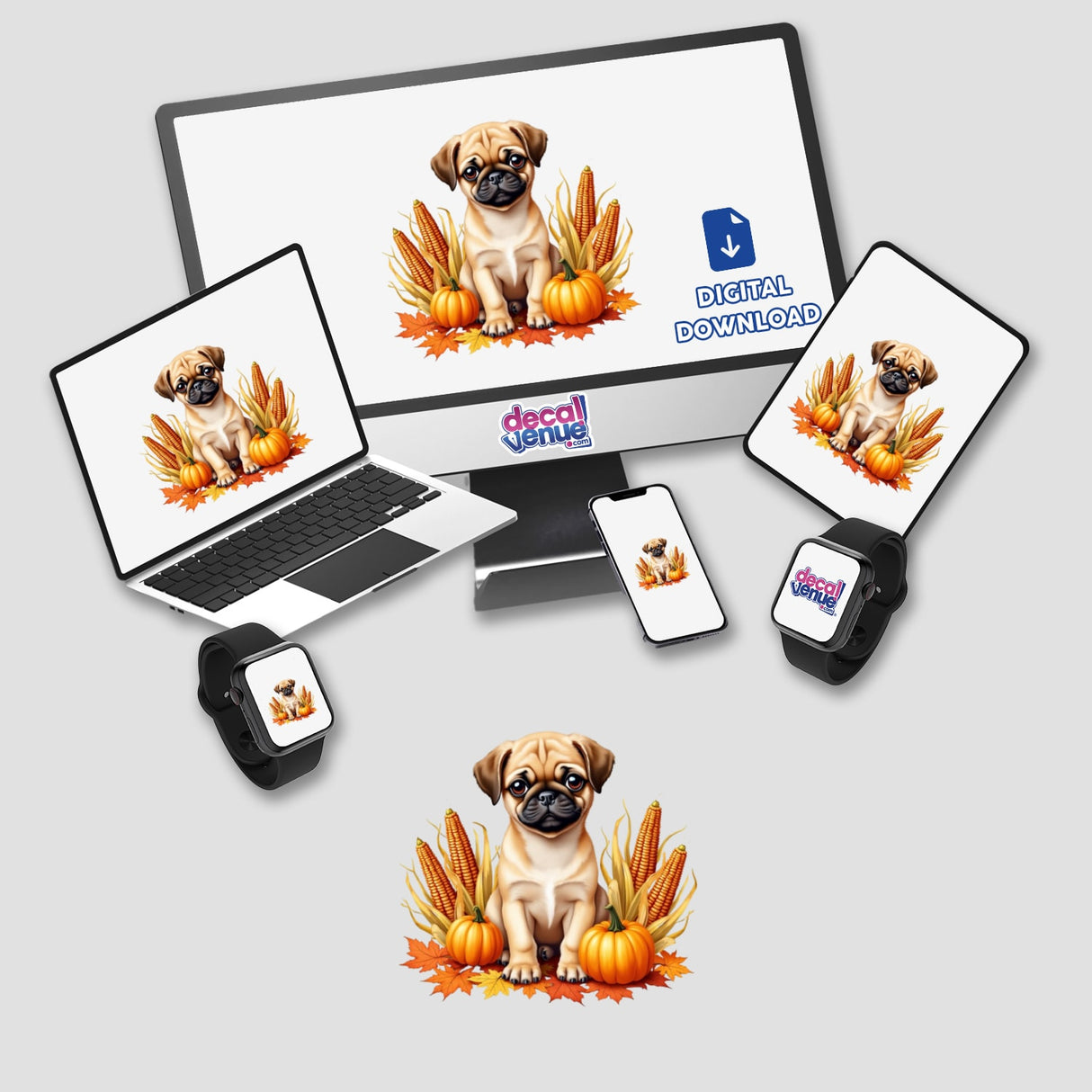 Autumn Themed Pug Clipart | Cute Fall Pug Sticker | Digital Download for Personal and Commercial Use; features a pug among pumpkins and corn, displayed on multiple devices.