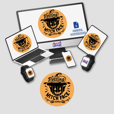 Resting Witch Face design displayed on a laptop, computer monitor, tablet, phone, and smartwatch. Available as stickers or digital artwork from Decal Venue.