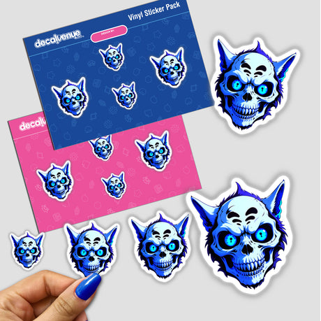 A Cool Undead Cat Skull sticker featuring a cartoon skull with blue eyes, available as a unique sticker or digital artwork.