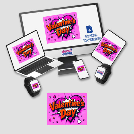 Valentine's Day Love Heart digital artwork displayed on a computer monitor and laptop, featuring a pink and blue logo, available as unique stickers or digital art from Decal Venue.