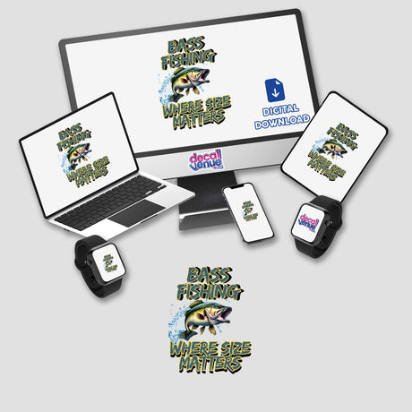 Bass Fishing digital artwork featuring a computer monitor, laptop, and smartwatch, available as unique stickers or digital designs, showcasing Decal Venue's distinctive vinyl art style.