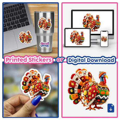 Thanksgiving Turkey Knit Fabric Style sticker featuring a cartoon turkey in vibrant knit clothes, ideal for laptops and phones. Available as stickers or digital artwork from Decal Venue.