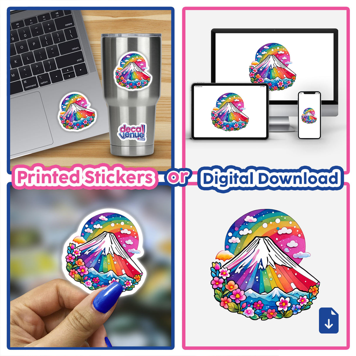 Collage showing various Rainbow Mt. Fuji Japan stickers and digital artwork, featuring a vibrant mountain with flowers and clouds, including a laptop display and a hand holding a sticker.