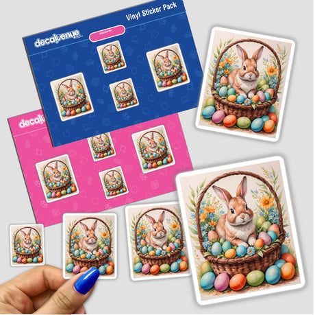 A Cute Easter Bunny in a Basket with Eggs sticker, featuring a cartoon rabbit nestled among colorful eggs, ideal for Easter-themed decorations. Available as vinyl stickers or digital art from Decal Venue.