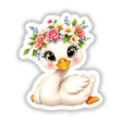 Elegant Swan with a Flower Crown depicted in a cartoon style, available as stickers or digital artwork, showcasing a charming duck adorned with flowers on its head.