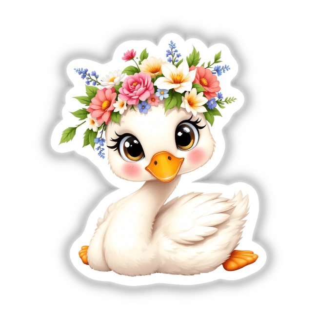 Elegant Swan with a Flower Crown depicted in a cartoon style, available as stickers or digital artwork, showcasing a charming duck adorned with flowers on its head.