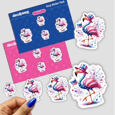 Patriotic Uncle Sam Flamingo Bird - Colorful digital artwork stickers with a patriotic flamingo wearing a top hat, against a pink and blue background, in a Decal Venue vinyl sticker pack.