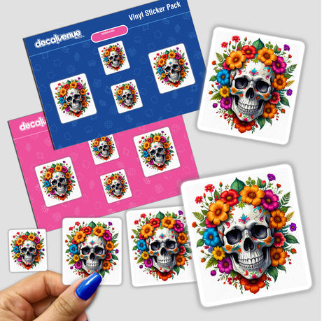 Pretty Skeletons stickers featuring artistic skulls adorned with flowers, embodying a unique fusion of graphic design and cartoon elements. Available as vinyl stickers or digital artwork.