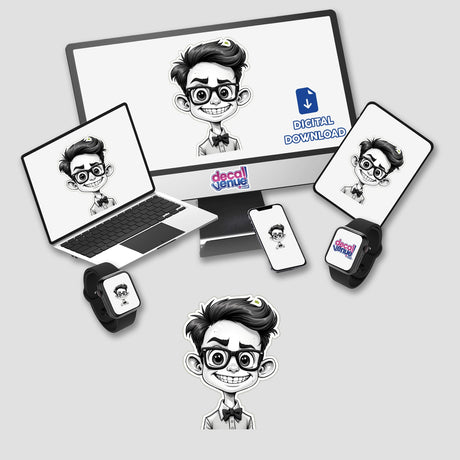 O Inteligente: A digital artwork and sticker featuring a cartoon boy with glasses, visible on a laptop, monitor, phone, and smartwatch screens.