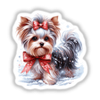 Winter Baby Watercolor Yorkie Dog featuring a Yorkshire Terrier puppy with a red bow tie, available as stickers or digital artwork.