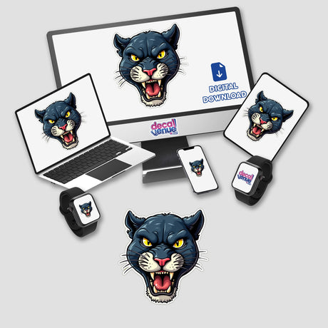 Pantera Azul design on a computer monitor and laptop, showcasing a black panther with yellow eyes. Available as stickers or digital artwork from Decal Venue.